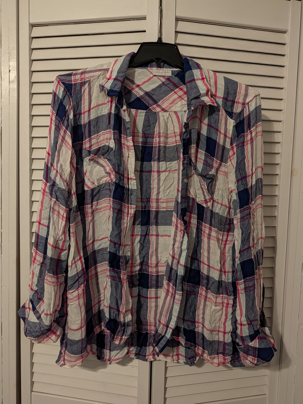 New York & Company Plaid Button-Down Shirt - Navy, White & Pink